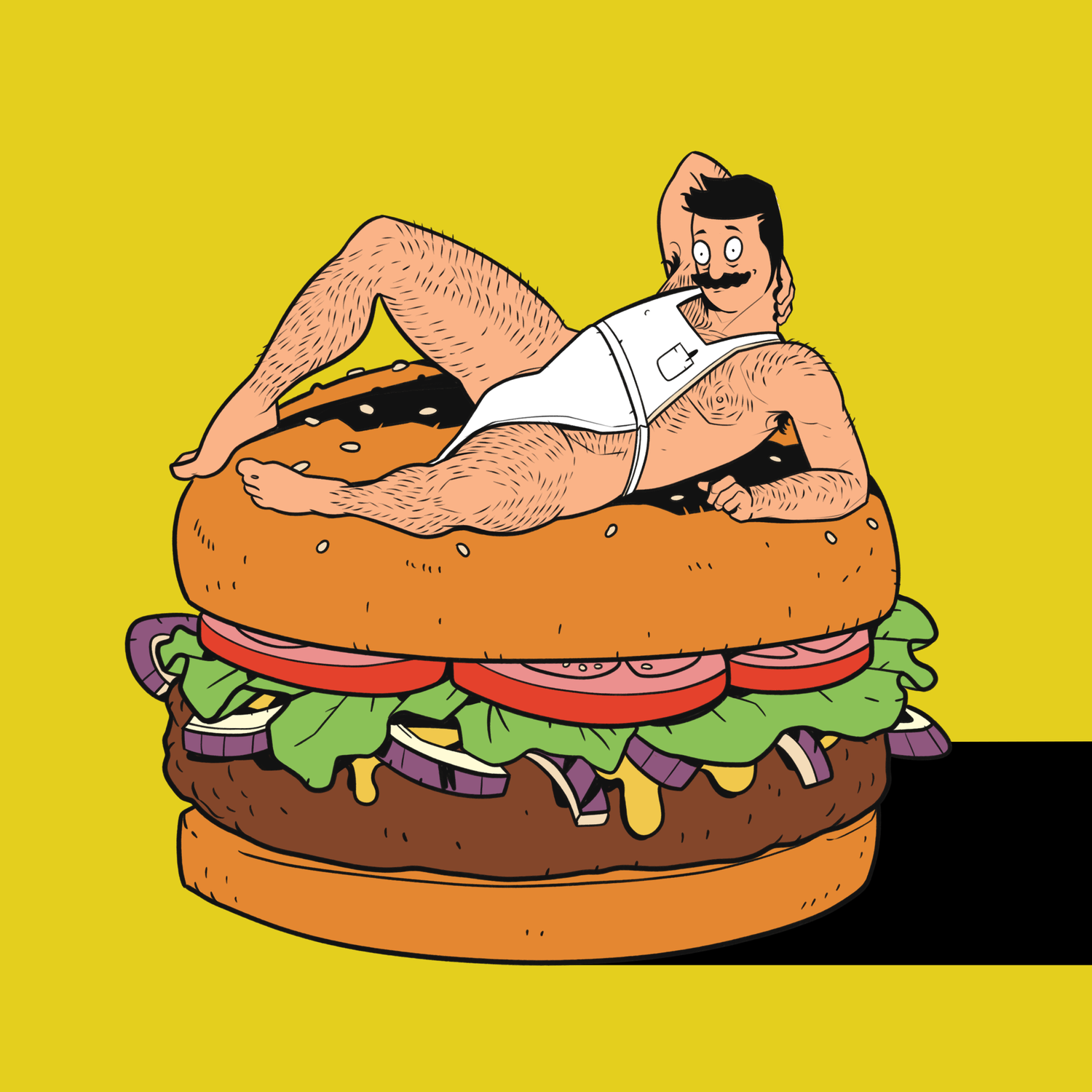 Bob of Bob's Burgers poses sexily on top of a giant burger wearing only an apron and lots of body hair
